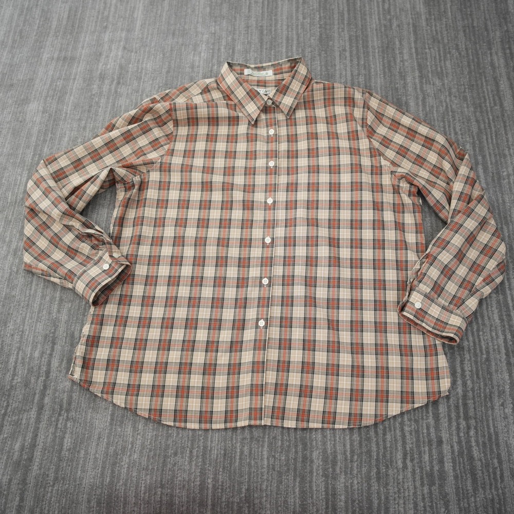 Orvis Shirt Men Button Up Plaid Long Sleeve Brown Care Free Cotton 2XL